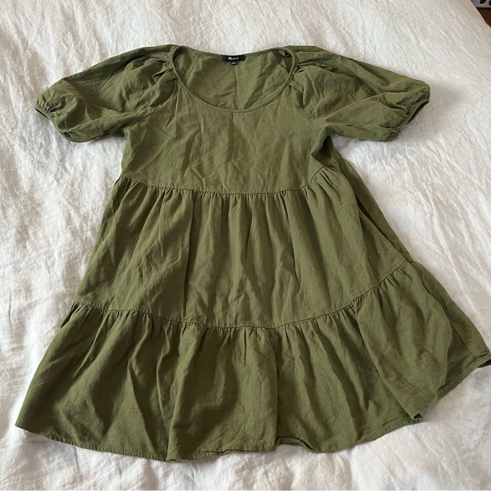 Madewell Tiered Puff Sleeve Dress Size L Green